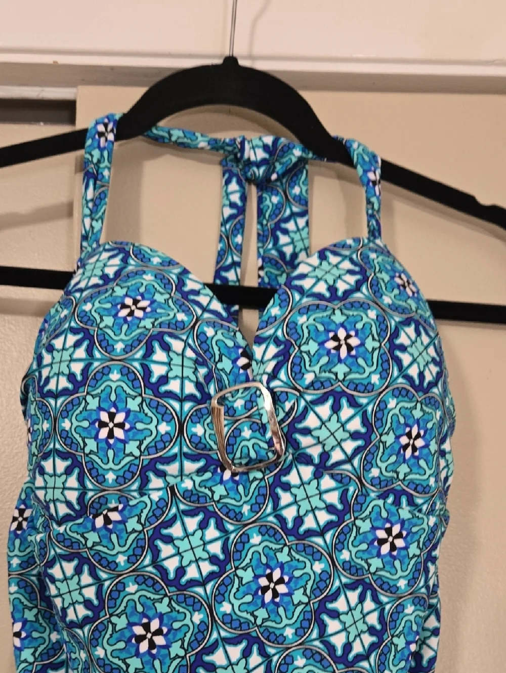 Spanx Love Your Assets Halter Blue Patterned One-Piece Swimsuit Size XL